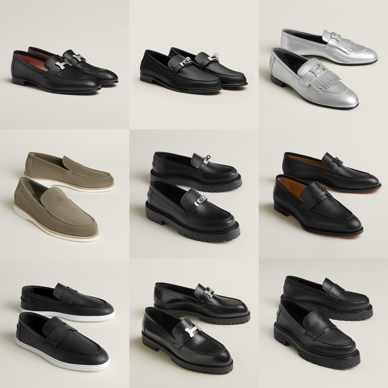 Official Hermès product images showing Paris, Destin, Royal, Low, Icone, Honore, Job, Faubourg, and Klement loafers in a 3 by 3 composite
